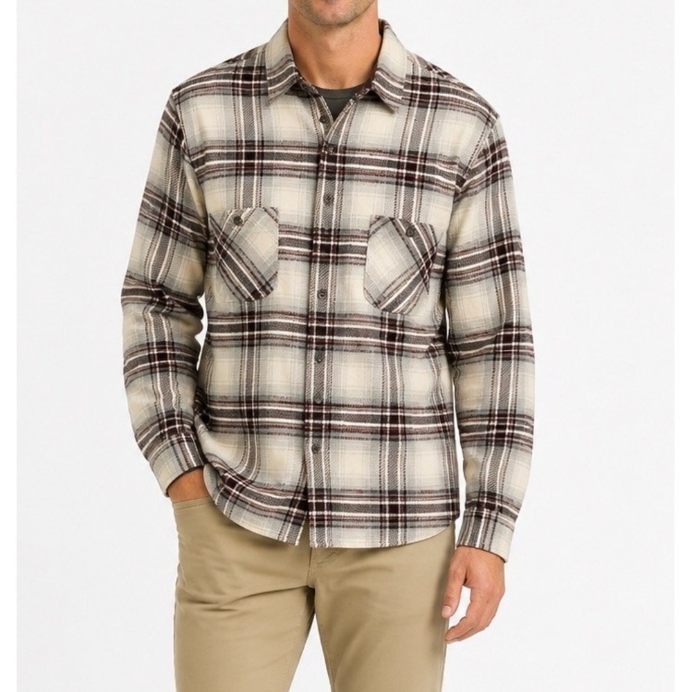 LANDS END Men's Rugged Flannel Shirt Size L 42-44 Button Up Plaid 100% Cotton